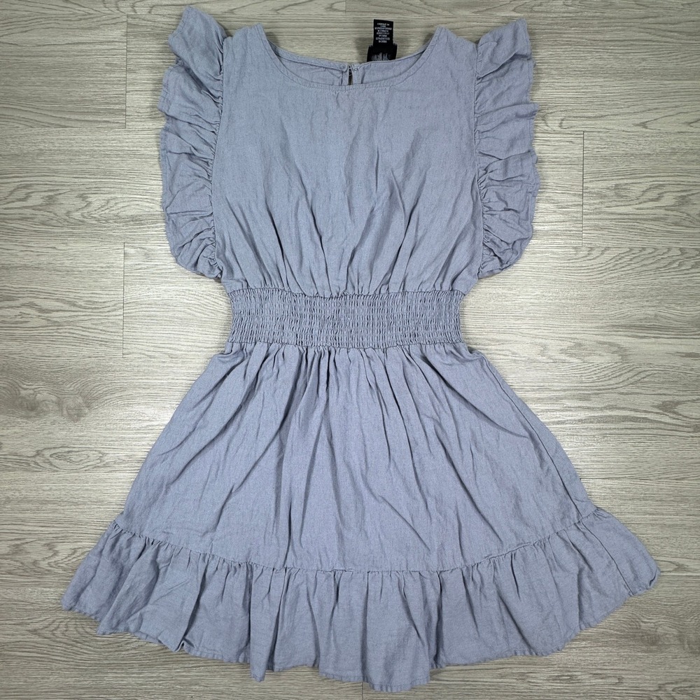 Nicole Miller Womens Dress XS Blue Linen Blend Ruffle Smocked Waist Mini Dress